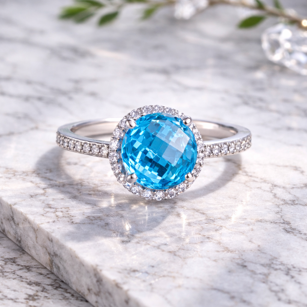 【高見えする】上質な輝き　スイスブルートパーズリング　ファセットラウンドカット　SILVER925