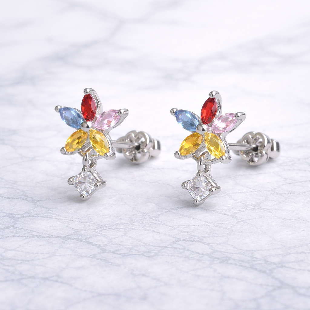 【高見えする】上質な輝き マルチカラーサファイア｜ピアスフラワーデザイン SILVER925｜華やかで個性的なカラージュエリー