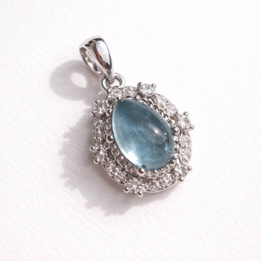 高品質ディープアクアマリン｜アフリカ産　しずく ペンダント　真鍮